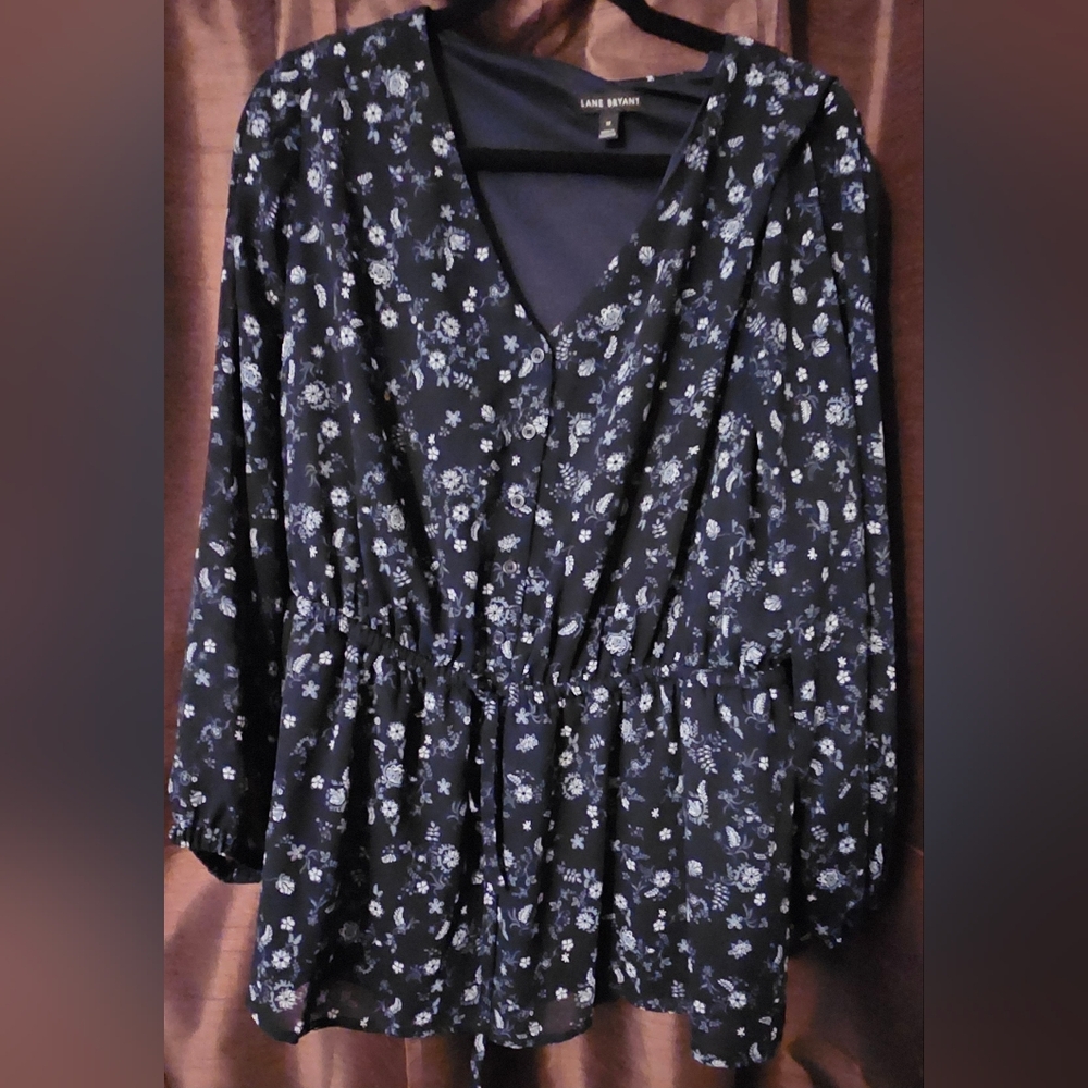 Lane Bryant Women's Floral Blouse - Navy and White